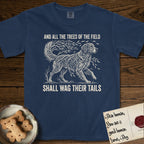Trees of the Field Golden Retriever T-Shirt flat lay in True Navy, featuring a vintage woodcut illustration of a Golden Retriever formed of flowing willow branches, mid-stride, with the words And All the Trees of the Field Shall Wag Their Tails.