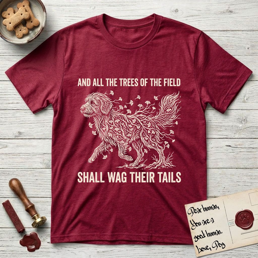 Trees of the Field Goldendoodle T-Shirt flat lay in Antique Cherry Red, featuring a vintage woodcut illustration of a Goldendoodle formed of ginkgo branches with fan-shaped leaves, mid-stride, with the words And All the Trees of the Field Shall Wag Their Tails.