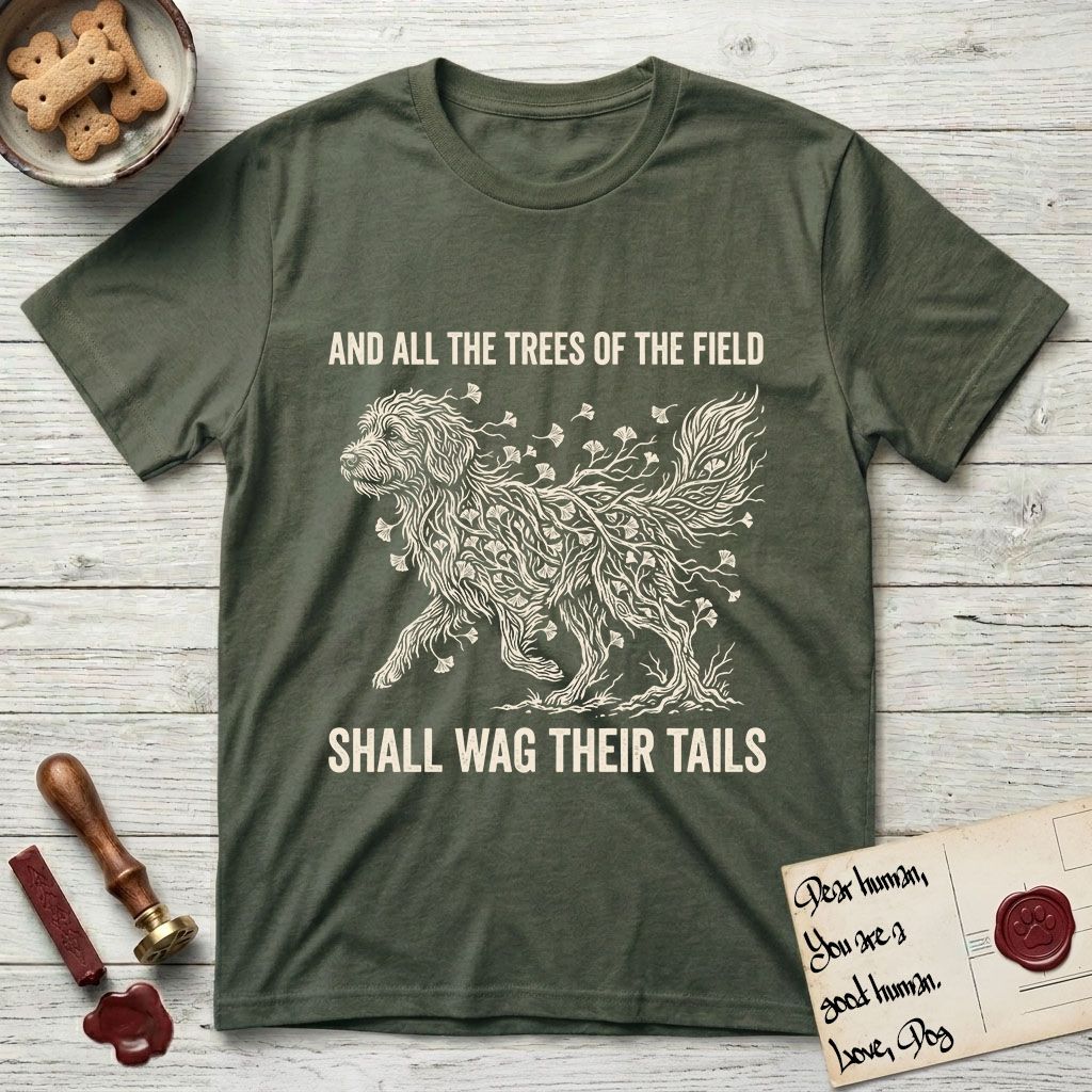 Trees of the Field Goldendoodle T-Shirt flat lay in Heather Military Green, featuring a vintage woodcut illustration of a Goldendoodle formed of ginkgo branches with fan-shaped leaves, mid-stride, with the words And All the Trees of the Field Shall Wag Their Tails.
