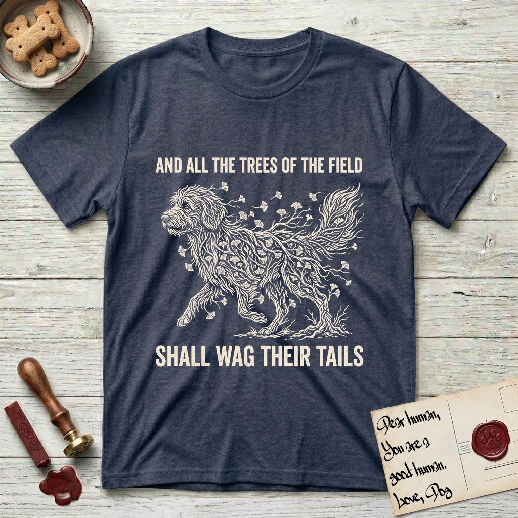 Trees of the Field Goldendoodle T-Shirt flat lay in Heather Navy, featuring a vintage woodcut illustration of a Goldendoodle formed of ginkgo branches with fan-shaped leaves, mid-stride, with the words And All the Trees of the Field Shall Wag Their Tails.