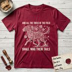 Trees of the Field Great Dane T-Shirt flat lay in Antique Cherry Red, featuring a vintage woodcut illustration of a Great Dane formed of horse chestnut branches and leaves, mid-stride, with the words And All the Trees of the Field Shall Wag Their Tails.