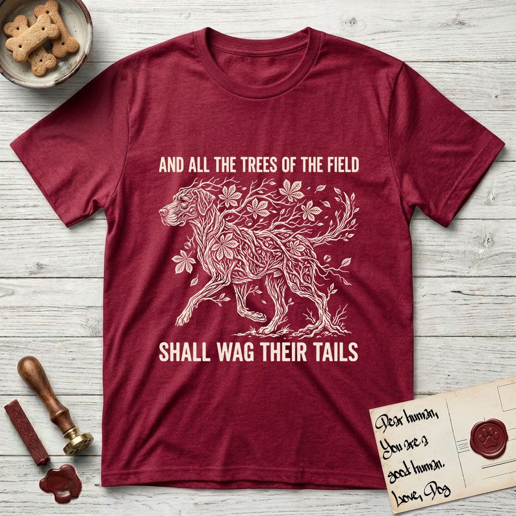 Trees of the Field Great Dane T-Shirt flat lay in Antique Cherry Red, featuring a vintage woodcut illustration of a Great Dane formed of horse chestnut branches and leaves, mid-stride, with the words And All the Trees of the Field Shall Wag Their Tails.