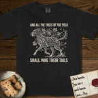 Trees of the Field Great Dane T-Shirt flat lay in Black, featuring a vintage woodcut illustration of a Great Dane formed of horse chestnut branches and leaves, mid-stride, with the words And All the Trees of the Field Shall Wag Their Tails.
