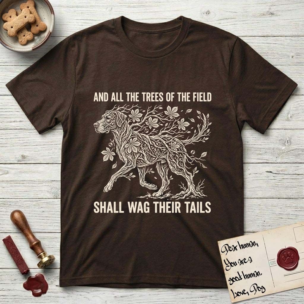 Trees of the Field Great Dane T-Shirt flat lay in Dark Chocolate, featuring a vintage woodcut illustration of a Great Dane formed of horse chestnut branches and leaves, mid-stride, with the words And All the Trees of the Field Shall Wag Their Tails.