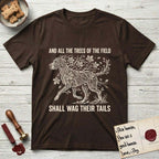 Trees of the Field Great Dane T-Shirt flat lay in Dark Chocolate, featuring a vintage woodcut illustration of a Great Dane formed of horse chestnut branches and leaves, mid-stride, with the words And All the Trees of the Field Shall Wag Their Tails.