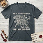 Trees of the Field Great Dane T-Shirt flat lay in Dark Heather Grey, featuring a vintage woodcut illustration of a Great Dane formed of horse chestnut branches and leaves, mid-stride, with the words And All the Trees of the Field Shall Wag Their Tails.