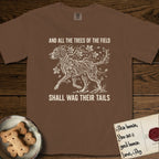 Trees of the Field Great Dane T-Shirt flat lay in Espresso, featuring a vintage woodcut illustration of a Great Dane formed of horse chestnut branches and leaves, mid-stride, with the words And All the Trees of the Field Shall Wag Their Tails.