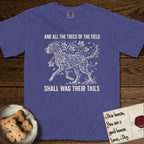 Trees of the Field Great Dane T-Shirt flat lay in Grape, featuring a vintage woodcut illustration of a Great Dane formed of horse chestnut branches and leaves, mid-stride, with the words And All the Trees of the Field Shall Wag Their Tails.