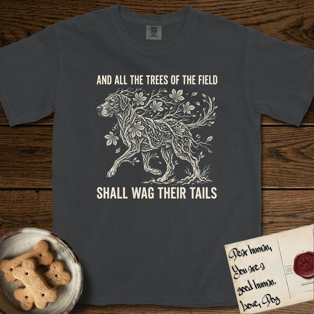 Trees of the Field Great Dane T-Shirt flat lay in Graphite, featuring a vintage woodcut illustration of a Great Dane formed of horse chestnut branches and leaves, mid-stride, with the words And All the Trees of the Field Shall Wag Their Tails.