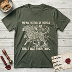 Trees of the Field Great Dane T-Shirt flat lay in Heather Military Green, featuring a vintage woodcut illustration of a Great Dane formed of horse chestnut branches and leaves, mid-stride, with the words And All the Trees of the Field Shall Wag Their Tails.