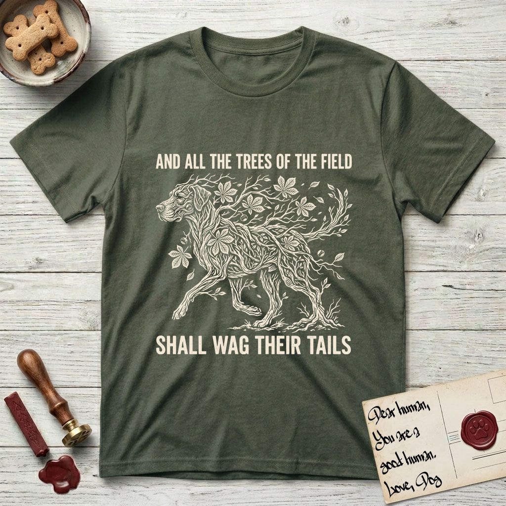 Trees of the Field Great Dane T-Shirt flat lay in Heather Military Green, featuring a vintage woodcut illustration of a Great Dane formed of horse chestnut branches and leaves, mid-stride, with the words And All the Trees of the Field Shall Wag Their Tails.