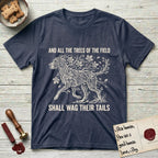 Trees of the Field Great Dane T-Shirt flat lay in Heather Navy, featuring a vintage woodcut illustration of a Great Dane formed of horse chestnut branches and leaves, mid-stride, with the words And All the Trees of the Field Shall Wag Their Tails.