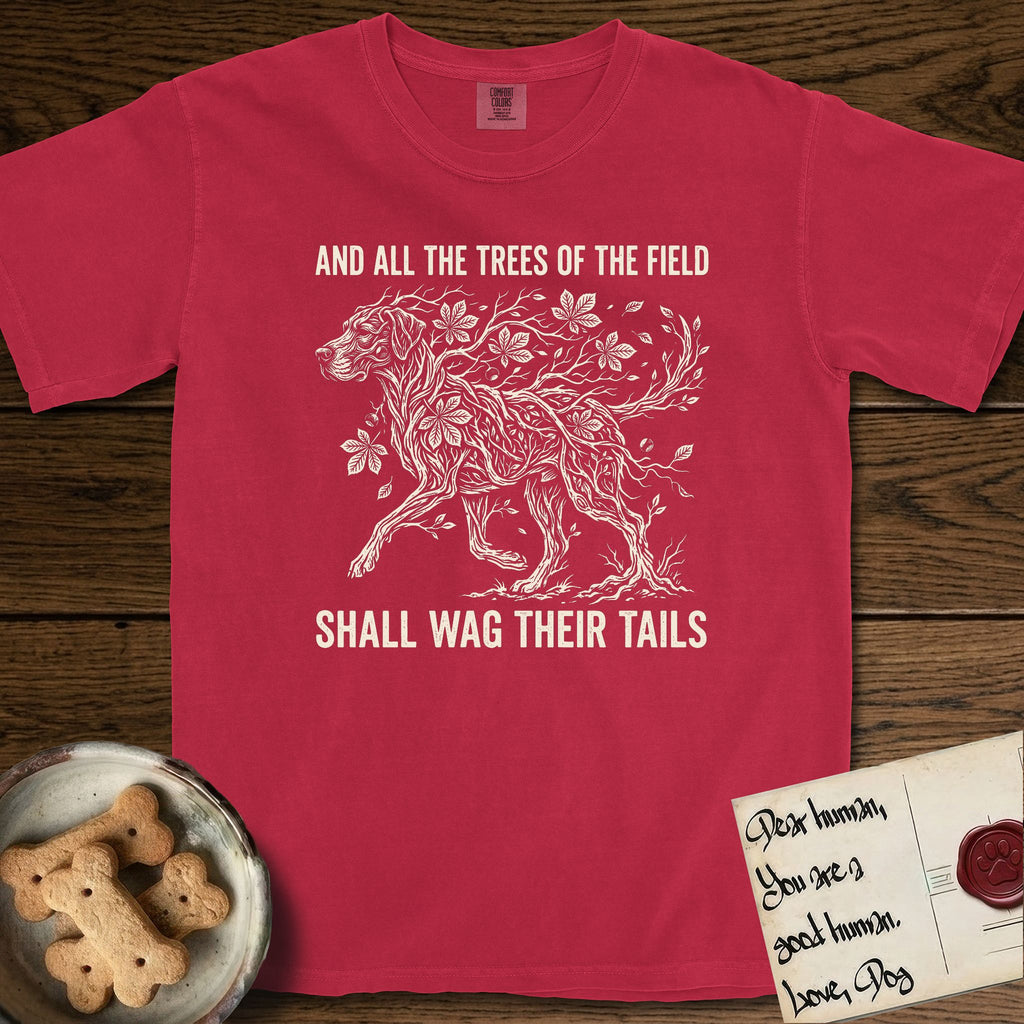 Trees of the Field Great Dane T-Shirt flat lay in Red, featuring a vintage woodcut illustration of a Great Dane formed of horse chestnut branches and leaves, mid-stride, with the words And All the Trees of the Field Shall Wag Their Tails.