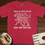 Trees of the Field Great Dane T-Shirt flat lay in Red, featuring a vintage woodcut illustration of a Great Dane formed of horse chestnut branches and leaves, mid-stride, with the words And All the Trees of the Field Shall Wag Their Tails.