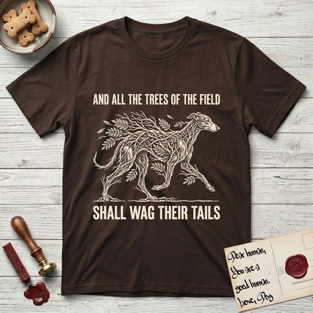 Trees of the Field Greyhound T-Shirt flat lay in Dark Chocolate, featuring a vintage woodcut illustration of a Greyhound formed of ash branches with streaming leaves, mid-stride, with the words And All the Trees of the Field Shall Wag Their Tails.