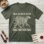 Trees of the Field Greyhound T-Shirt flat lay in Heather Military Green, featuring a vintage woodcut illustration of a Greyhound formed of ash branches with streaming leaves, mid-stride, with the words And All the Trees of the Field Shall Wag Their Tails.