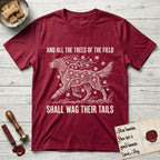 Trees of the Field Irish Setter T-Shirt flat lay in Antique Cherry Red, featuring a vintage woodcut illustration of an Irish Setter formed of red maple branches with autumn leaves, mid-stride, with the words And All the Trees of the Field Shall Wag Their Tails.