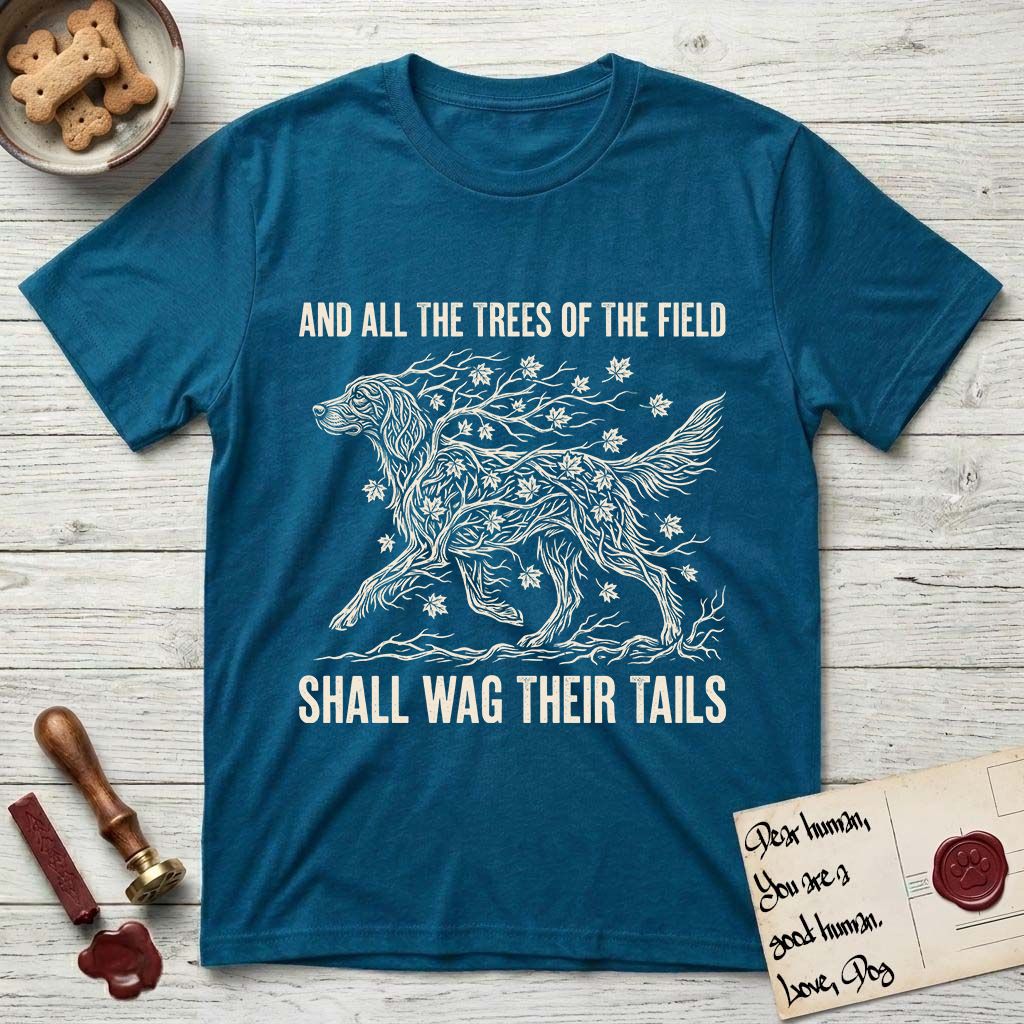 Trees of the Field Irish Setter T-Shirt flat lay in Antique Sapphire, featuring a vintage woodcut illustration of an Irish Setter formed of red maple branches with autumn leaves, mid-stride, with the words And All the Trees of the Field Shall Wag Their Tails.