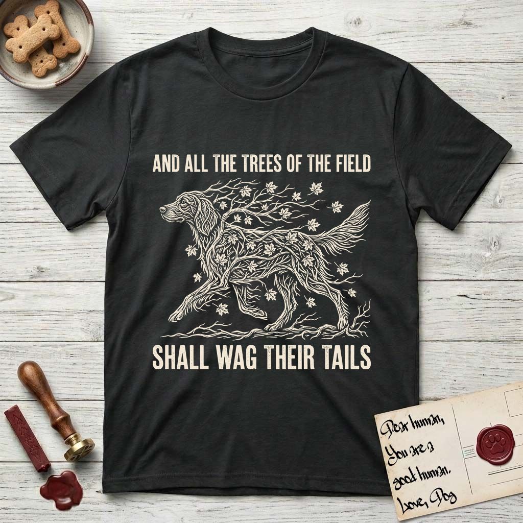 Trees of the Field Irish Setter T-Shirt flat lay in Black, featuring a vintage woodcut illustration of an Irish Setter formed of red maple branches with autumn leaves, mid-stride, with the words And All the Trees of the Field Shall Wag Their Tails.
