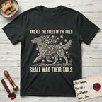 Trees of the Field Irish Setter T-Shirt flat lay in Black, featuring a vintage woodcut illustration of an Irish Setter formed of red maple branches with autumn leaves, mid-stride, with the words And All the Trees of the Field Shall Wag Their Tails.