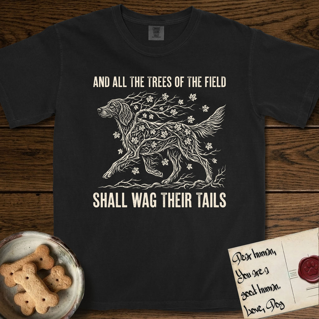 Trees of the Field Irish Setter T-Shirt flat lay in Black, featuring a vintage woodcut illustration of an Irish Setter formed of red maple branches with autumn leaves, mid-stride, with the words And All the Trees of the Field Shall Wag Their Tails.