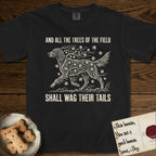 Trees of the Field Irish Setter T-Shirt flat lay in Black, featuring a vintage woodcut illustration of an Irish Setter formed of red maple branches with autumn leaves, mid-stride, with the words And All the Trees of the Field Shall Wag Their Tails.