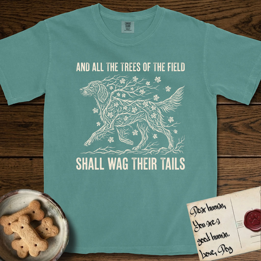 Trees of the Field Irish Setter T-Shirt flat lay in Blue Spruce, featuring a vintage woodcut illustration of an Irish Setter formed of red maple branches with autumn leaves, mid-stride, with the words And All the Trees of the Field Shall Wag Their Tails.
