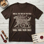 Trees of the Field Irish Setter T-Shirt flat lay in Dark Chocolate, featuring a vintage woodcut illustration of an Irish Setter formed of red maple branches with autumn leaves, mid-stride, with the words And All the Trees of the Field Shall Wag Their Tails.