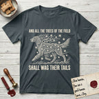 Trees of the Field Irish Setter T-Shirt flat lay in Dark Heather Grey, featuring a vintage woodcut illustration of an Irish Setter formed of red maple branches with autumn leaves, mid-stride, with the words And All the Trees of the Field Shall Wag Their Tails.
