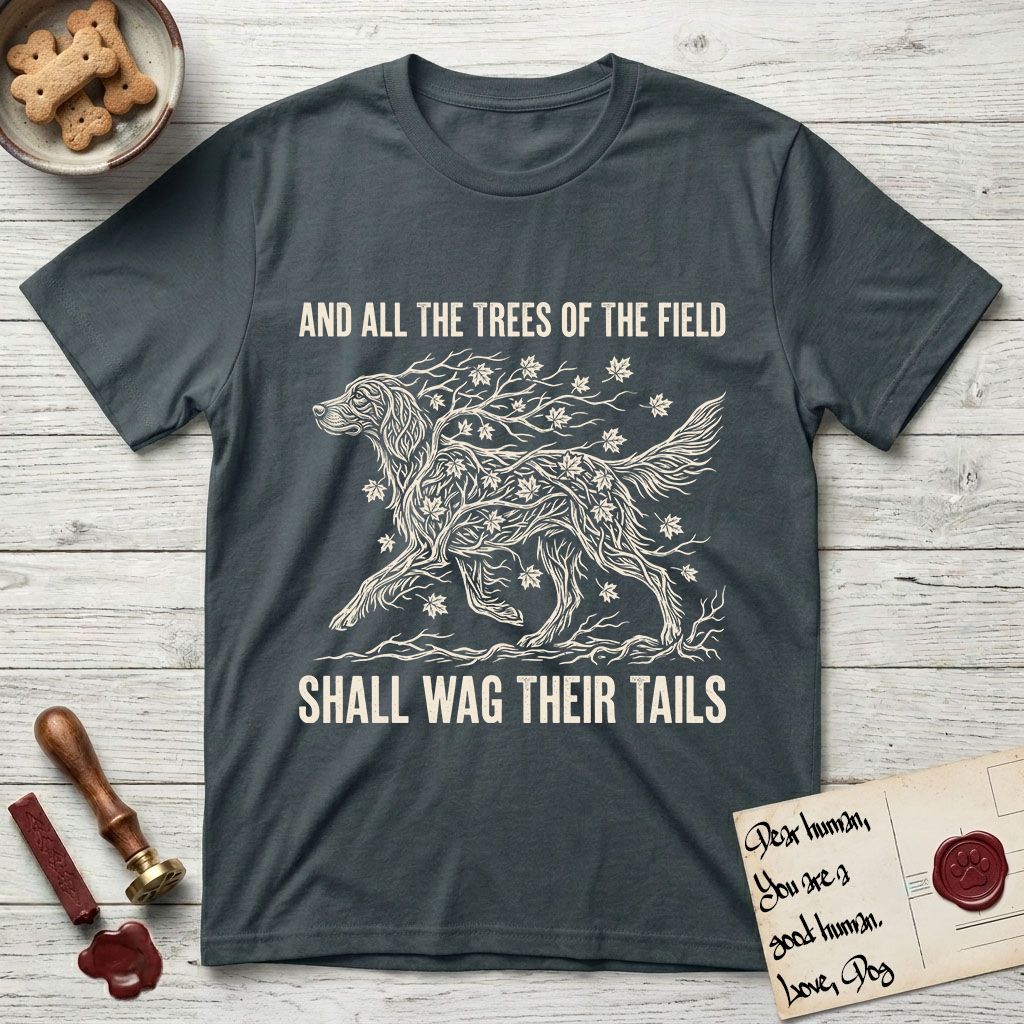 Trees of the Field Irish Setter T-Shirt flat lay in Dark Heather Grey, featuring a vintage woodcut illustration of an Irish Setter formed of red maple branches with autumn leaves, mid-stride, with the words And All the Trees of the Field Shall Wag Their Tails.