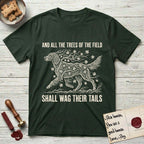 Trees of the Field Irish Setter T-Shirt flat lay in Forest Green, featuring a vintage woodcut illustration of an Irish Setter formed of red maple branches with autumn leaves, mid-stride, with the words And All the Trees of the Field Shall Wag Their Tails.