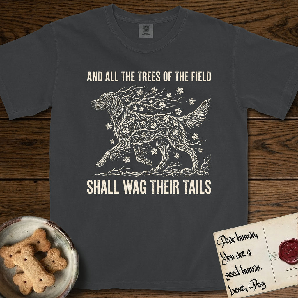 Trees of the Field Irish Setter T-Shirt flat lay in Graphite, featuring a vintage woodcut illustration of an Irish Setter formed of red maple branches with autumn leaves, mid-stride, with the words And All the Trees of the Field Shall Wag Their Tails.