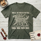 Trees of the Field Irish Setter T-Shirt flat lay in Heather Military Green, featuring a vintage woodcut illustration of an Irish Setter formed of red maple branches with autumn leaves, mid-stride, with the words And All the Trees of the Field Shall Wag Their Tails.
