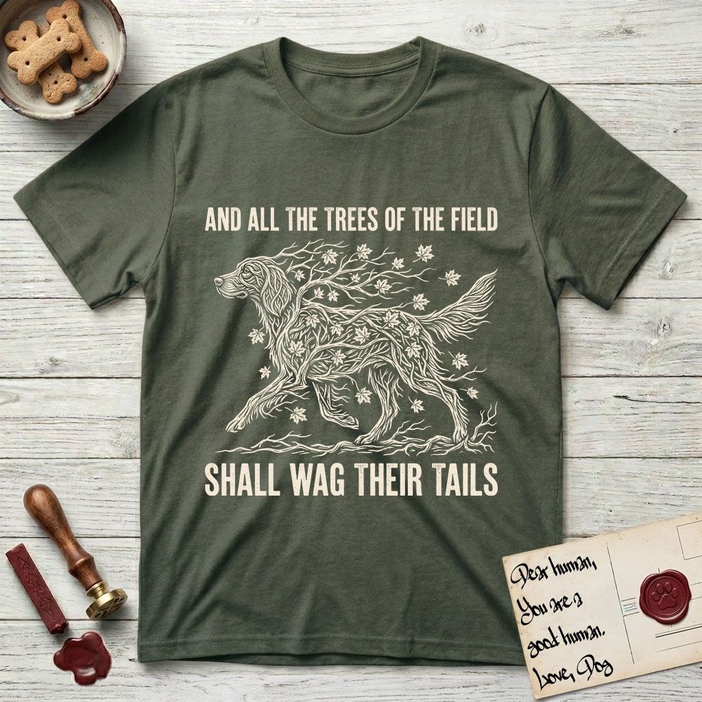 Trees of the Field Irish Setter T-Shirt flat lay in Heather Military Green, featuring a vintage woodcut illustration of an Irish Setter formed of red maple branches with autumn leaves, mid-stride, with the words And All the Trees of the Field Shall Wag Their Tails.
