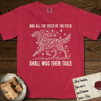 Trees of the Field Irish Setter T-Shirt flat lay in Red, featuring a vintage woodcut illustration of an Irish Setter formed of red maple branches with autumn leaves, mid-stride, with the words And All the Trees of the Field Shall Wag Their Tails.