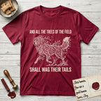 Trees of the Field Newfoundland T-Shirt flat lay in Antique Cherry Red, featuring a vintage woodcut illustration of a Newfoundland formed of linden branches in full leaf, mid-stride, with the words And All the Trees of the Field Shall Wag Their Tails.