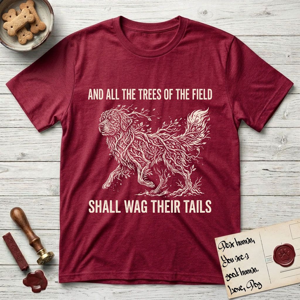 Trees of the Field Newfoundland T-Shirt flat lay in Antique Cherry Red, featuring a vintage woodcut illustration of a Newfoundland formed of linden branches in full leaf, mid-stride, with the words And All the Trees of the Field Shall Wag Their Tails.