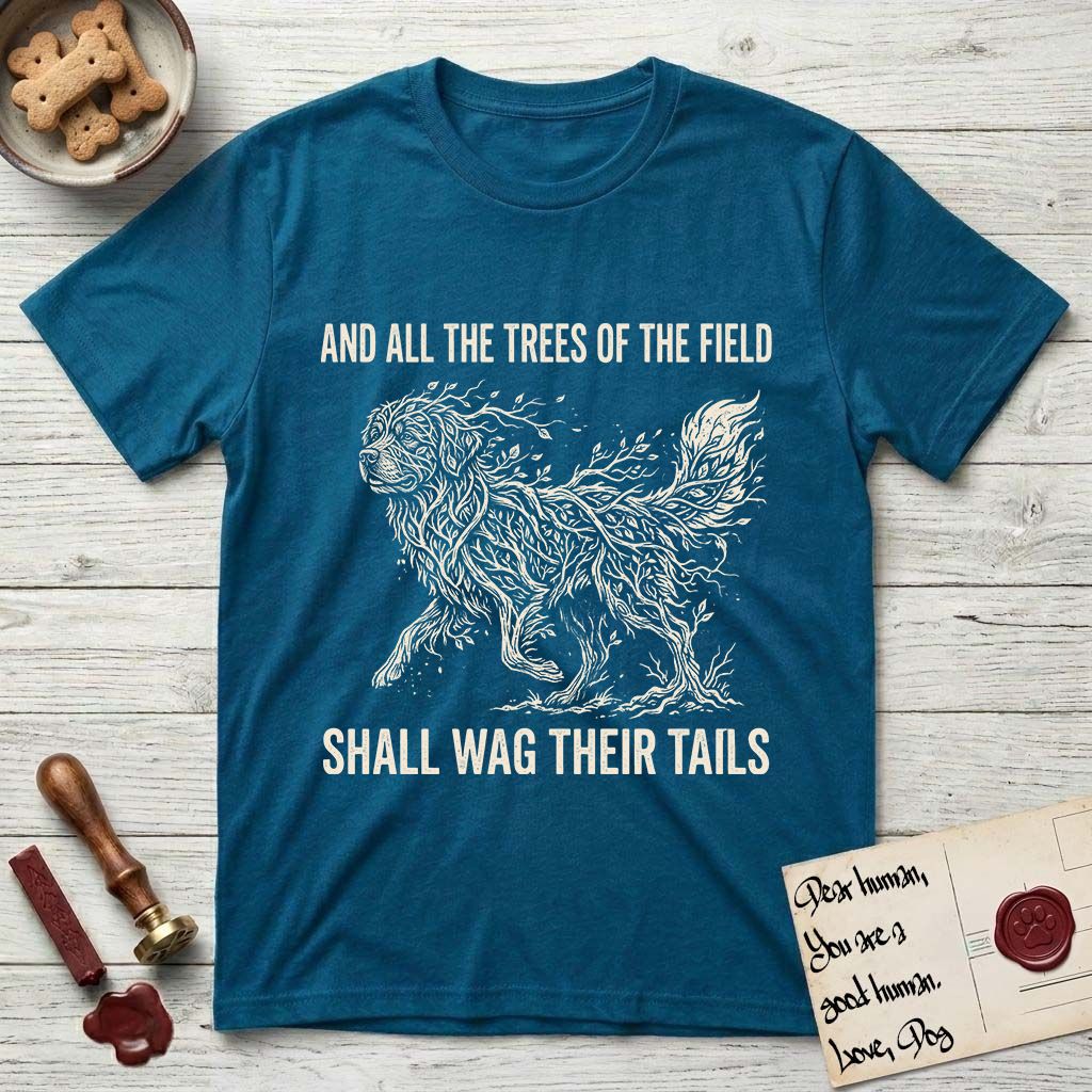 Trees of the Field Newfoundland T-Shirt flat lay in Antique Sapphire, featuring a vintage woodcut illustration of a Newfoundland formed of linden branches in full leaf, mid-stride, with the words And All the Trees of the Field Shall Wag Their Tails.