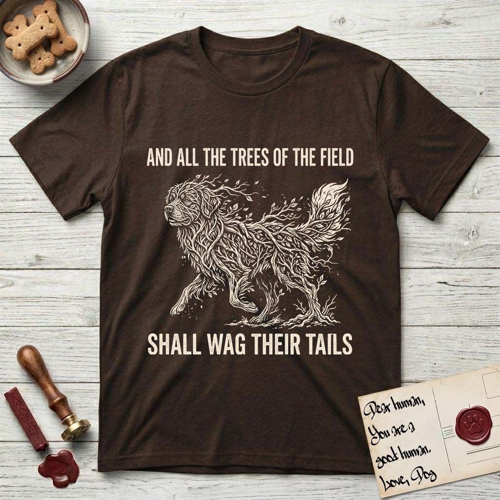Trees of the Field Newfoundland T-Shirt flat lay in Dark Chocolate, featuring a vintage woodcut illustration of a Newfoundland formed of linden branches in full leaf, mid-stride, with the words And All the Trees of the Field Shall Wag Their Tails.