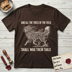 Trees of the Field Newfoundland T-Shirt flat lay in Dark Chocolate, featuring a vintage woodcut illustration of a Newfoundland formed of linden branches in full leaf, mid-stride, with the words And All the Trees of the Field Shall Wag Their Tails.