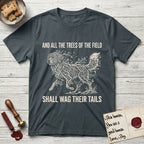 Trees of the Field Newfoundland T-Shirt flat lay in Dark Heather Grey, featuring a vintage woodcut illustration of a Newfoundland formed of linden branches in full leaf, mid-stride, with the words And All the Trees of the Field Shall Wag Their Tails.
