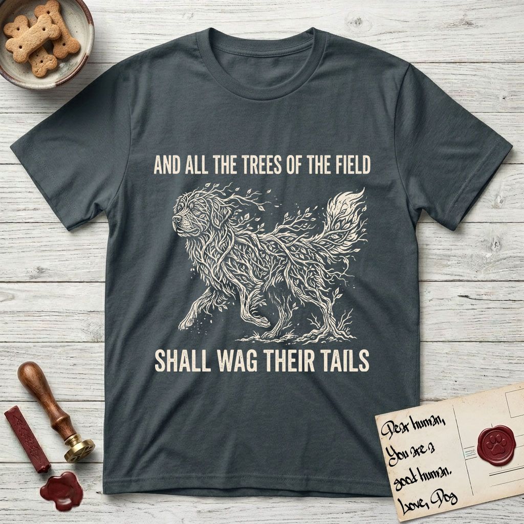 Trees of the Field Newfoundland T-Shirt flat lay in Dark Heather Grey, featuring a vintage woodcut illustration of a Newfoundland formed of linden branches in full leaf, mid-stride, with the words And All the Trees of the Field Shall Wag Their Tails.