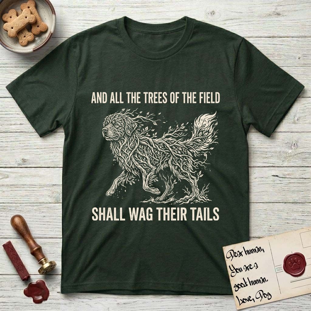 Trees of the Field Newfoundland T-Shirt flat lay in Forest Green, featuring a vintage woodcut illustration of a Newfoundland formed of linden branches in full leaf, mid-stride, with the words And All the Trees of the Field Shall Wag Their Tails.