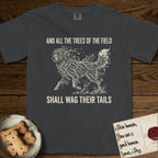 Trees of the Field Newfoundland T-Shirt flat lay in Graphite, featuring a vintage woodcut illustration of a Newfoundland formed of linden branches in full leaf, mid-stride, with the words And All the Trees of the Field Shall Wag Their Tails.