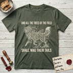 Trees of the Field Newfoundland T-Shirt flat lay in Heather Military Green, featuring a vintage woodcut illustration of a Newfoundland formed of linden branches in full leaf, mid-stride, with the words And All the Trees of the Field Shall Wag Their Tails.
