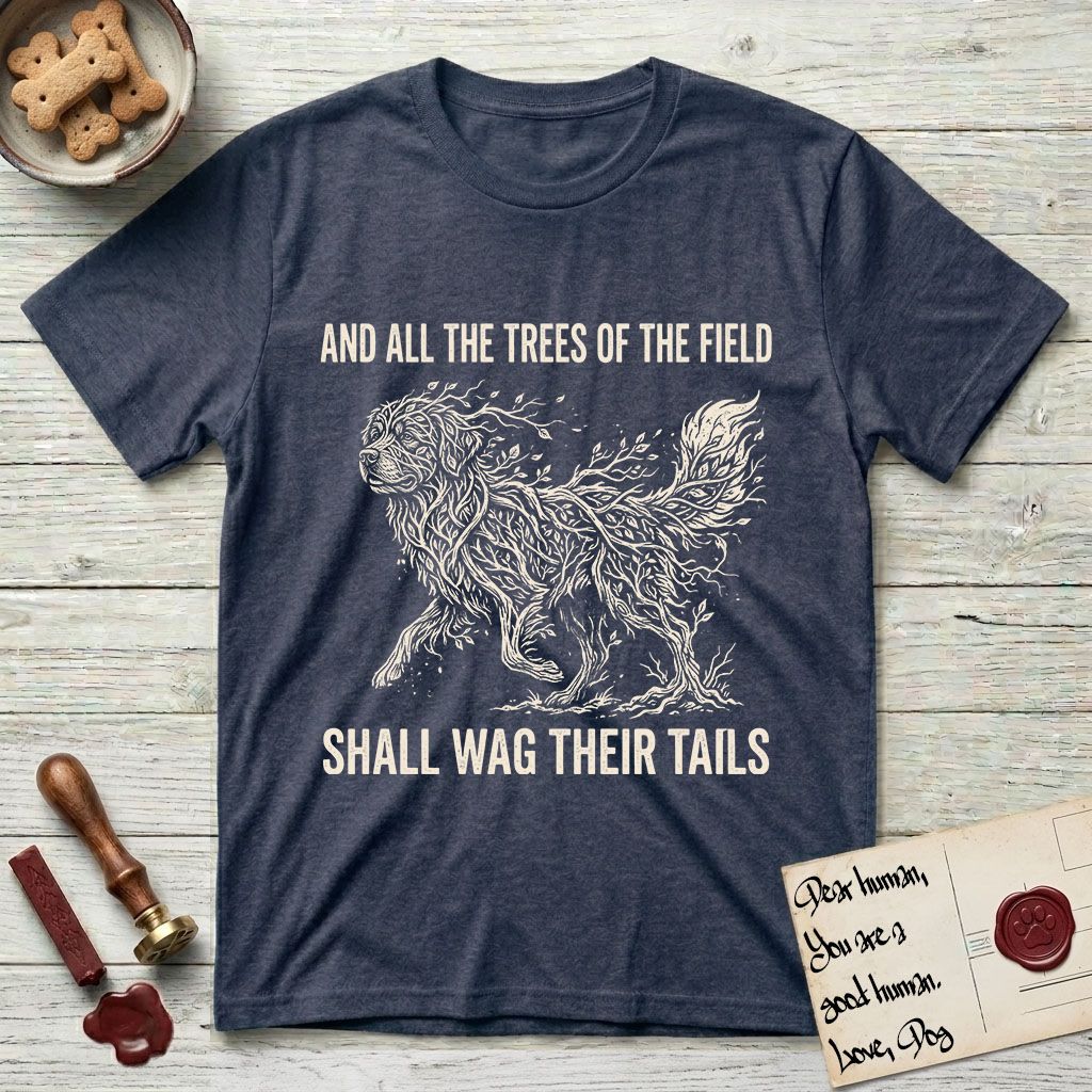 Trees of the Field Newfoundland T-Shirt flat lay in Heather Navy, featuring a vintage woodcut illustration of a Newfoundland formed of linden branches in full leaf, mid-stride, with the words And All the Trees of the Field Shall Wag Their Tails.