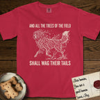 Trees of the Field Newfoundland T-Shirt flat lay in Red, featuring a vintage woodcut illustration of a Newfoundland formed of linden branches in full leaf, mid-stride, with the words And All the Trees of the Field Shall Wag Their Tails.