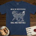 Trees of the Field Newfoundland T-Shirt flat lay in True Navy, featuring a vintage woodcut illustration of a Newfoundland formed of linden branches in full leaf, mid-stride, with the words And All the Trees of the Field Shall Wag Their Tails.