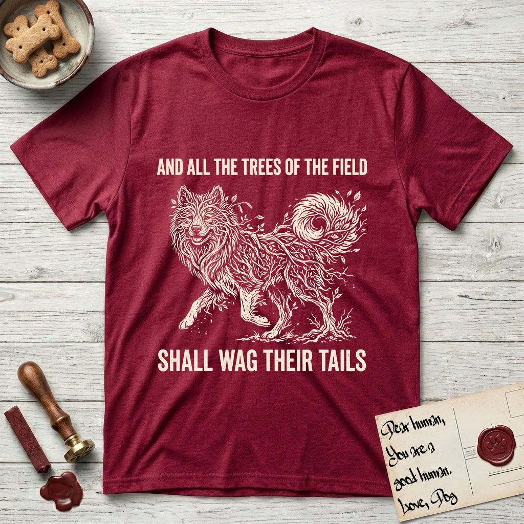Trees of the Field Samoyed T-Shirt flat lay in Antique Cherry Red, featuring a vintage woodcut illustration of a Samoyed formed of white birch branches with catkins, mid-stride, with the words And All the Trees of the Field Shall Wag Their Tails.