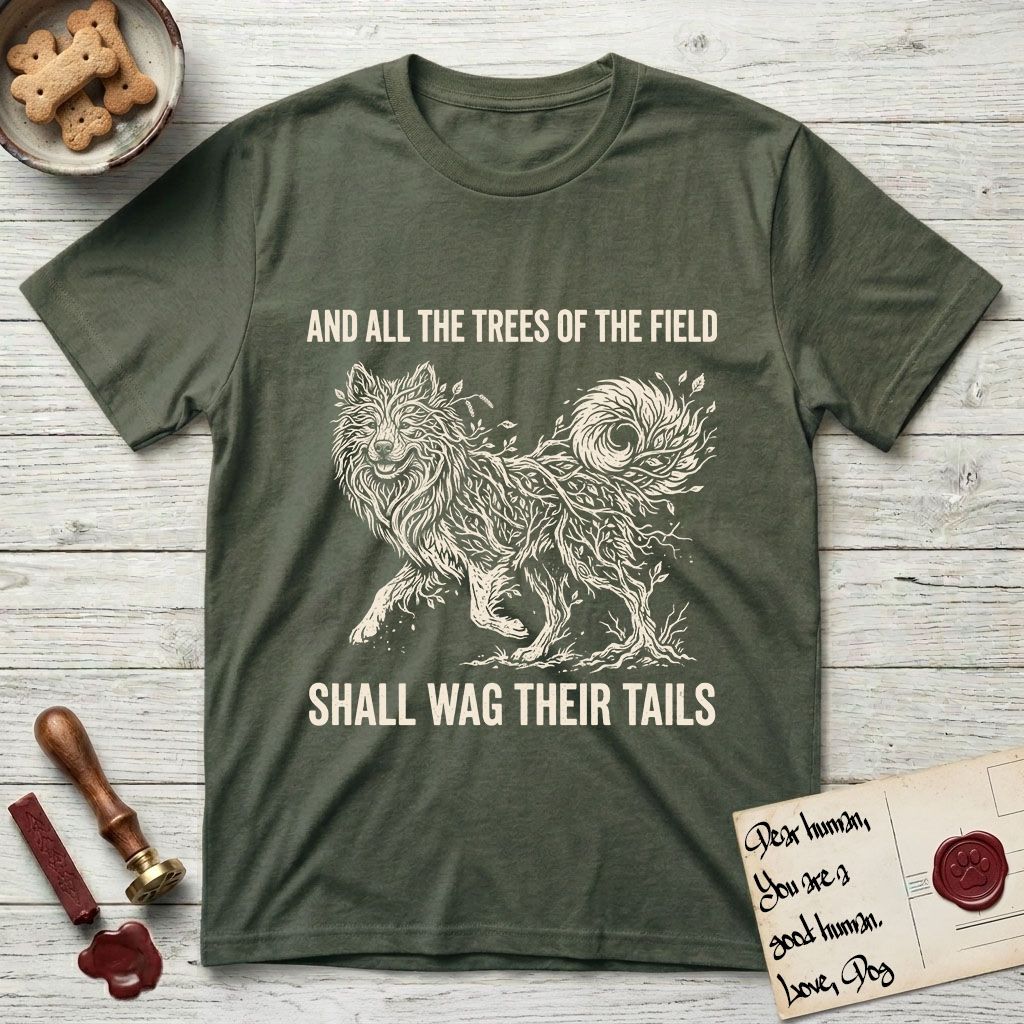 Trees of the Field Samoyed T-Shirt flat lay in Heather Military Green, featuring a vintage woodcut illustration of a Samoyed formed of white birch branches with catkins, mid-stride, with the words And All the Trees of the Field Shall Wag Their Tails.